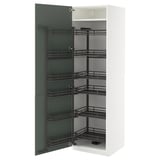 White kitchen cabinet with green door, pull-out shelves.