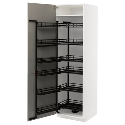 A tall white cabinet with black metal pull-out shelves, partial open door.
