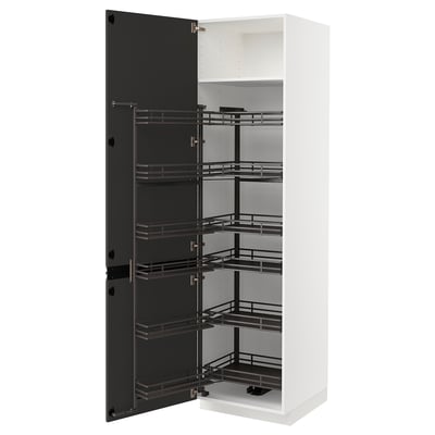 Modern white METOD kitchen cabinet with black pull-out shelves.