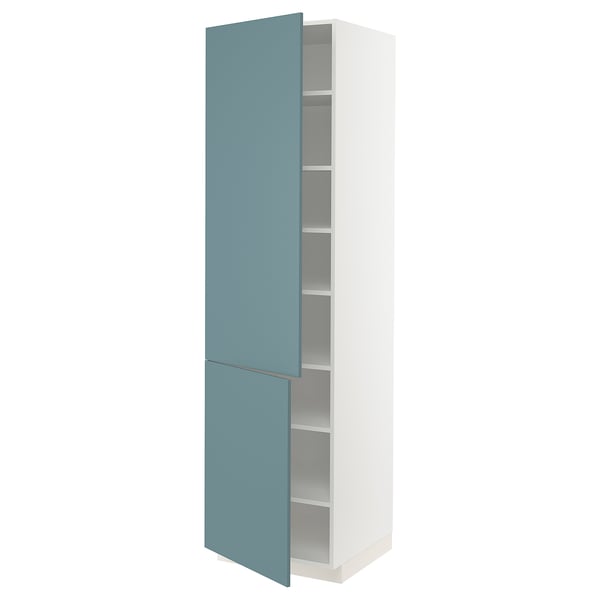 METOD kitchen cabinet, turquoise, tall white, 3 shelves, modern smooth design.
