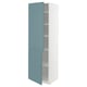 A white tall kitchen cabinet with blue doors, featuring adjustable shelves and a modern design.