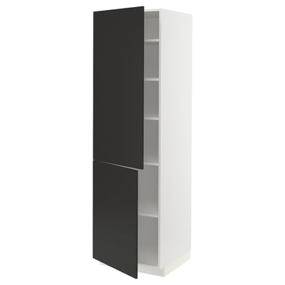 Black and white kitchen cabinet with adjustable shelves.