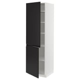 A tall, white cabinet with black doors. One door is open, revealing interior shelves. Modern design with matte black handles.