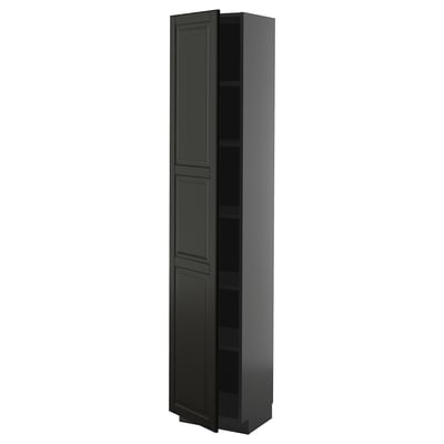 Black METOD kitchen cabinet, tall, rectangular, with sleek design and adjustable shelves.