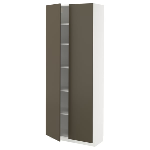 METOD kitchen cabinet with brown/beige doors, white frame, glass shelves.