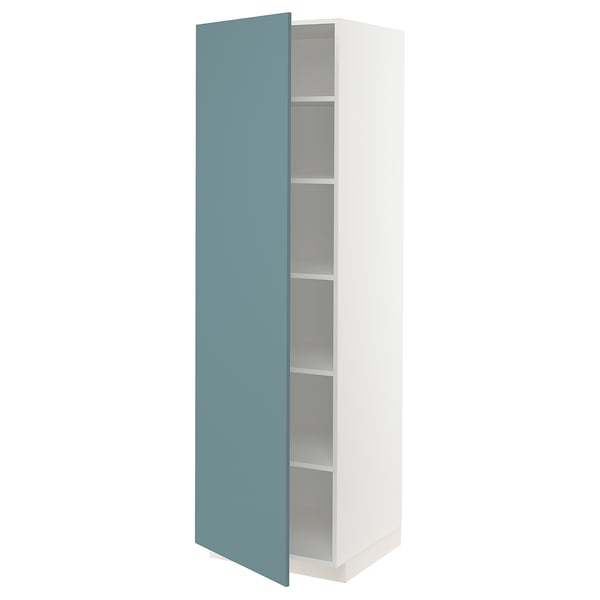 A white and turquoise METOD kitchen cabinet. It has a sleek, minimalist design with adjustable shelves inside.
