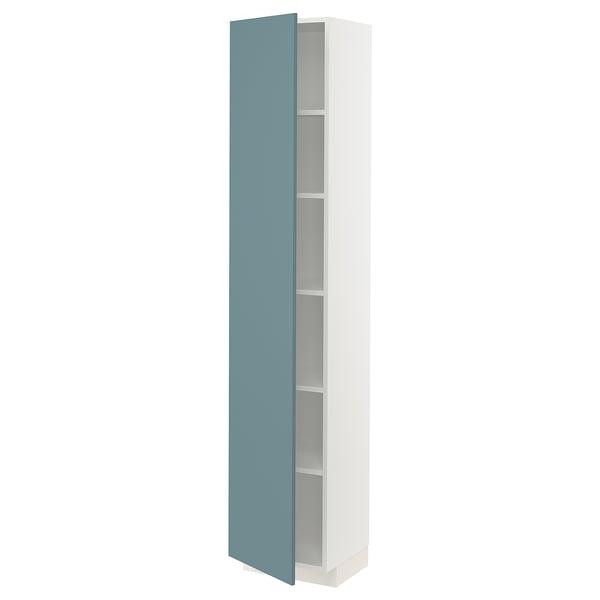 White tall kitchen cabinet with turquoise door; sleek, modern style.