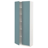 A white, tall METOD cabinet with blue doors and adjustable shelves.