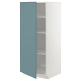 Modern turquoise METOD cabinet with white interior, adjustable shelves, open door.