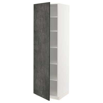 Dark grey METOD cabinet with white shelves, slim and tall rectangular design.