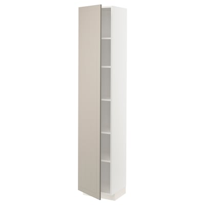 A tall, beige, high cabinet from ikeas METOD kitchen system. It has adjustable shelves and a door that can swing to either side.