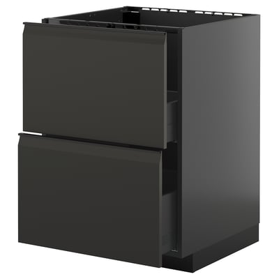 Modern black kitchen cabinet with two drawers, sleek handle, and glossy finish.