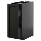 Modern black kitchen cabinet with single pull-out shelf, sleek design.