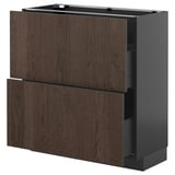 Dark brown kitchen cabinet with drawer, sleek design, solid wood edges, 3 compartments.
