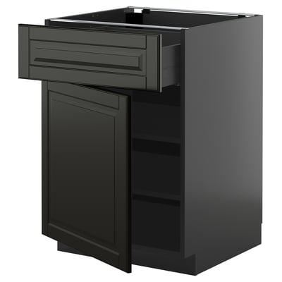 Black kitchen cabinet with drawer in dark grey finish, rectangular shape, modern design.