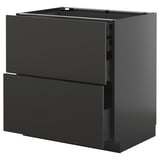 Modern black kitchen cabinet with two drawers, sleek design, sturdy construction.