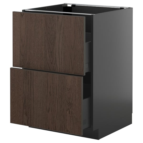 A dark brown wooden METOD kitchen cabinet with two drawers and a sleek grey base. The front solid wood edging.
