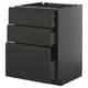 Modern black kitchen cabinet with three drawers, sleek handles, and a glossy finish.