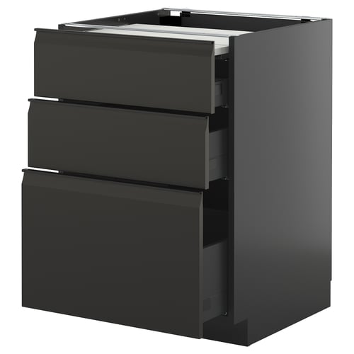 Modern black kitchen cabinet with three drawers, sleek design.