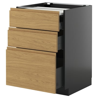 An ikea METOD kitchen cabinet with oak effect voxtorp drawers and dark gray frame, featuring three drawers.