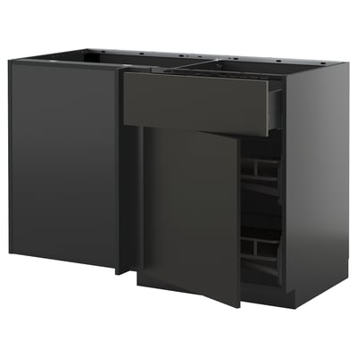 METOD kitchen unit in dark gray with open shelves and pull-out storage.