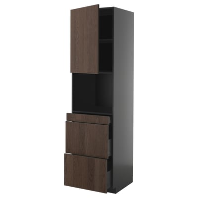 Modern tall kitchen cabinet with dark brown wood grain drawers and door, two drawers, and one open shelf.