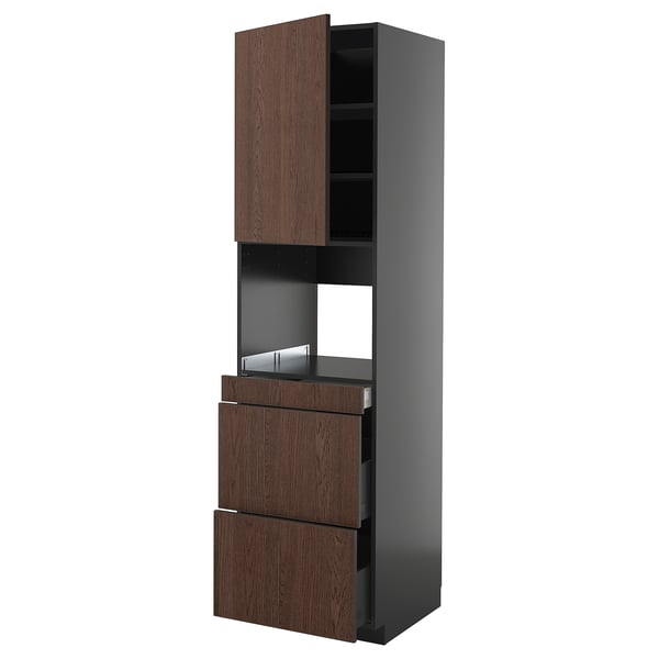 METOD / KNIVSHULT Hi cab f micro combi w door/3 drwrs, black-grey/Sinarp brown, 60x60x220 cm