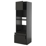 Modern black kitchen cabinet with shelves and drawers.