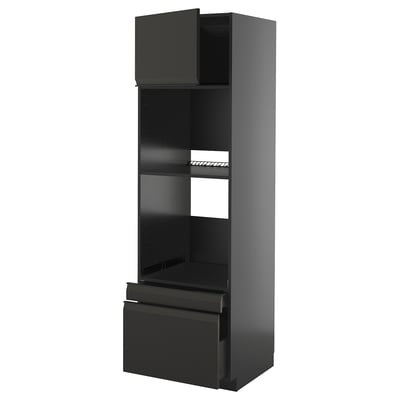 A black METOD kitchen unit with a sleek, modern design, featuring a mix of shelves and drawers for storage.