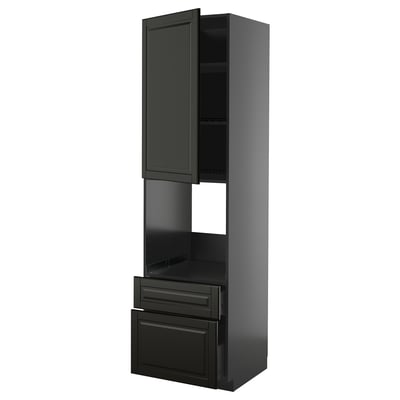 Black kitchen cabinet, tall with open shelf, two drawers, and glass door.