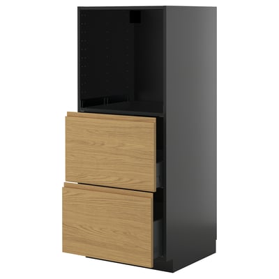 METOD kitchen cabinet with oak drawer fronts and sleek black sides, upright design.