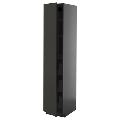 Dark grey, tall, narrow kitchen cabinet with a sleek modern look and hidden storage.