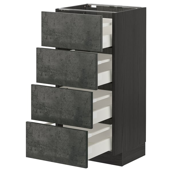 Dark grey drawer unit, modern, four open drawers.