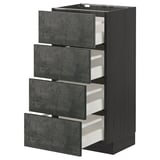 Dark grey drawer unit, modern, four open drawers.