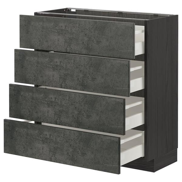 Ikea METOD kitchen with dark grey kalhyttan fronts. Sleek, rectangular with four deep drawers.