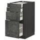 METOD kitchen unit with three grey concrete drawers. Tall, rectangular, dark wood sides, smooth metal handles.