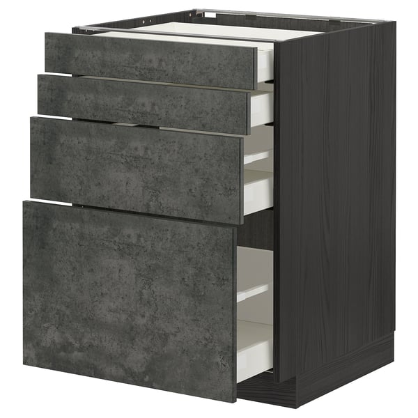 Dark grey modern kitchen cabinet with multiple drawers.
