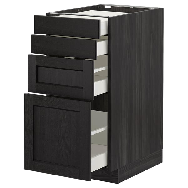 A dark gray ikea METOD kitchen cabinet unit with multiple drawers. The unit a modern traditional design with beveled edges on the drawer fronts.