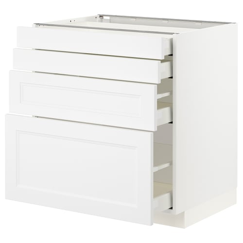 Separate white kitchen storage unit with multiple drawers and shelves. Modern and clean design.