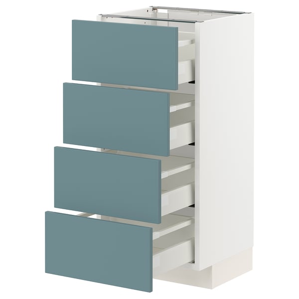 Modern kitchen unit, METOD series, featuring four turquoise havstorp drawers and a white cabinet base. Smooth design with soft-close drawers.