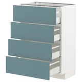 Modern kitchen unit in white with turquoise drawers, sleek and stylish design.