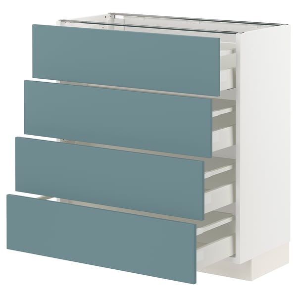 A white METOD kitchen cabinet with four light blue havstorp drawers, featuring a sleek modern design.