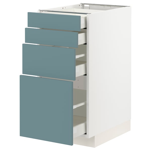 Modern kitchen unit with four turquoise blue drawers and white base, sleek and organized.