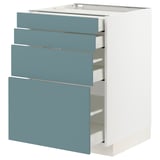 Modern kitchen cabinet with four blue drawers, white base, sleek design.