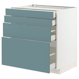 A turquoise METOD kitchen unit with four smooth, modern drawers. The unit a sturdy, white base and sleek, self-closing drawers.