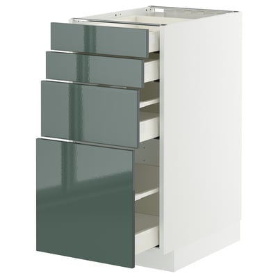METOD kitchen unit in high-gloss grey-green with multiple drawers, modern design, made of particleboard and plastic.