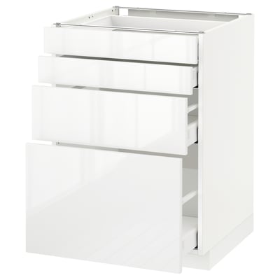 White high-gloss kitchen cabinet with three drawers, modern design.