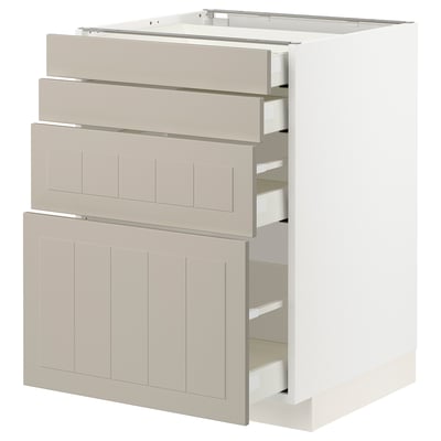 An ikea METOD kitchen cabinet in beige with multiple drawers and shelves. It a modern design with a smooth finish and has a rectangular shape.