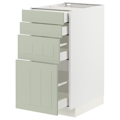 METOD kitchen unit with green fronts, 3 drawers, 2 doors, modern design, rectangular, particleboard and steel.