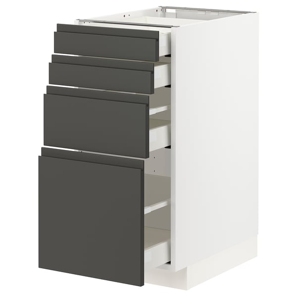 METOD kitchen unit, white base, dark grey drawers, modern design.